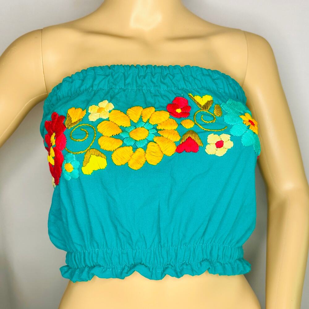 New Teal Strapless Bandeau Top – Floral Embroidered Mexican Tube Top 🌺 Boho